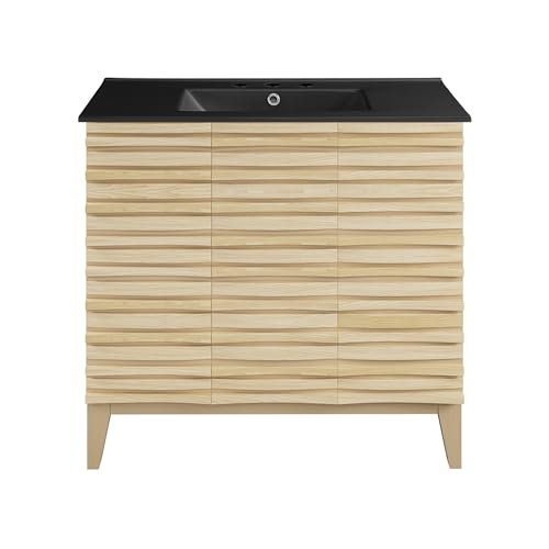 Image of Swiss Madison Cascade 36 in. Natural Oak Bathroom Vanity with Black, 3-Hole Ceramic Sink Top