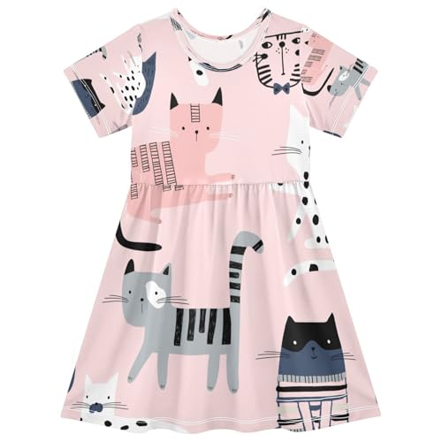 Colorful Kitten Cats Girls Dress Short Sleeve Dress Girls' Summer Sundress 5-6T
