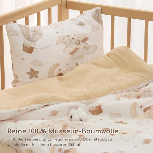 Yukkidds Musselin Kinderbettwäsche 100x135 – Bettbezug 100x135 & Kissenbezug 40x60 cm aus 100% Baumwolle – Atmungsaktives Bettwäsche Set für Baby Kinder (Brauner Ballon)