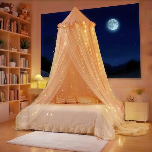 Eimilaly Ciel de lit princesse pour filles, auvent double couche avec 250 rideaux lumineux blanc chaud, convient pour lit simple/deux places – Tente de lit féérique...