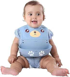 Silicone Baby Bib with Food Catcher, Waterproof, Snap Button Closure, 20 x 30 cm, Cartoon Bunny Pattern, Ages 6 Months to 3 Years