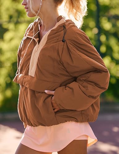 Ynhonra Brown Puffer Jacket for Women - Cozy Hooded Half Zip Pullover with Drawstring and Pockets, Size Medium - Image 3