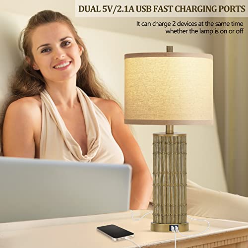 Wihtu Table Lamps Set Of 2 With 2 Charging Ports Ac Outlet, 27" High Bamboo Bedside Lamp For Bedroom Living Room Farmhouse Office, Rustic Resin Classic Bedside Table Lamp Brown, Bulb Included #TOP2