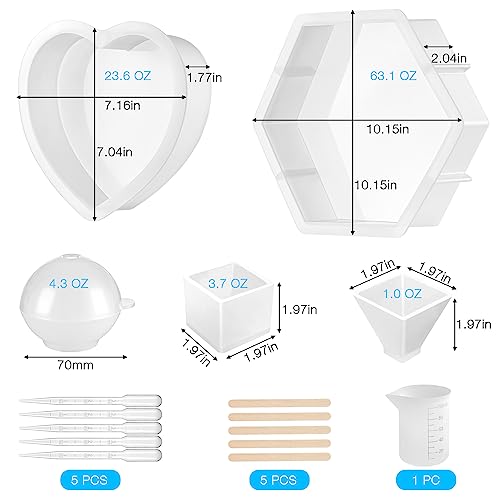 Resin Molds Silicone Kit, 8 in 1 Large Silicone Molds for Epoxy Resin, Flowers Preservation, Ideal Resin Starter Kit Including Hexagon, Heart, Sphere, Pyramid, Cube and Set Tools - Thumbnail 2