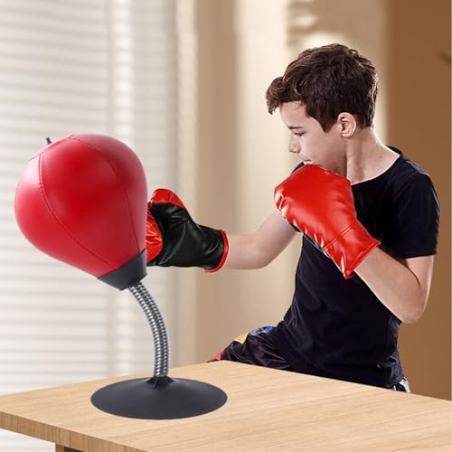 Oungy Boxsack für den Schreibtisch mit Tischklemme, Boxball mit Starken Saugnäpfen, Boxsack Stehend Kinder zum Stressabbau, Heavy Duty Boxbirne Hängend für Bürotisch und Theke (Rot-Schwarz)