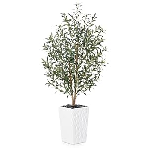 Artificial Olive Tree 5FT Faux Olive Tree – Adjustable Branches UV Resistant with White Taper Planter and Pebbles – Faux Plants Indoor for Living Room, Office Decor and Bedroom