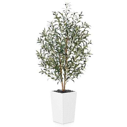 Artificial Olive Tree 5FT Faux Olive Tree - Adjustable Branches UV Resistant with White Taper Planter and Pebbles - Faux Plants Indoor for Living Room, Office Decor and Bedroom