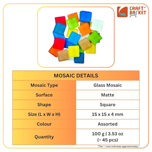 Image of Assorted Colours Glass Mosaic Tiles (20 Variations) (All Packs: 100 g,200 g,500 g), DIY Mosaic Art, Decoration, Crystal Glass Mosaic Tiles (Matte Square 15 x 15 mm), 100 g