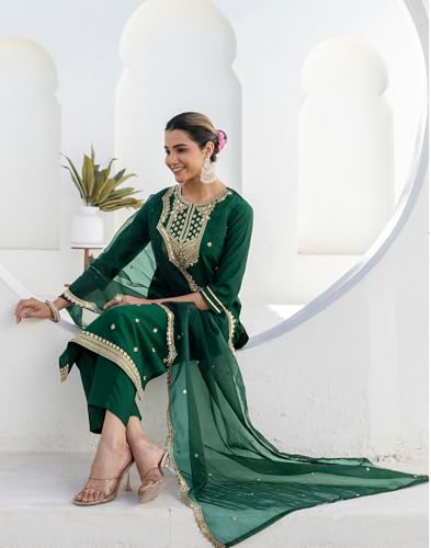 Image of SIRIL Women's Rayon Viscose Sequence Embroidery Work Straight Kurta Pant with Dupatta Set