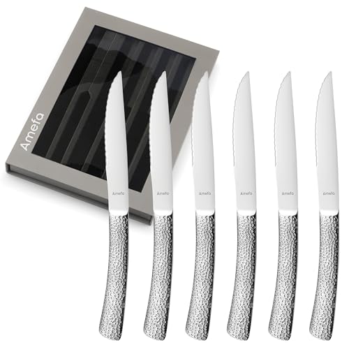 Amefa Bongo Steak Knives, Set of 6, Premium Hardened Stainless Steel, Hammered Ergonomic Handle Design, Micro Serrated Edge 4 Inch Blade Steak Knife