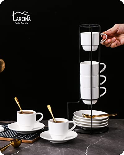 Lareina Porcelain Stackable Espresso Cups With Saucers, Spoons And Metal Stand 4 Ounce Small Cappuccino Coffee Cups Set Of 6 - Ceramic Demitasse Cups For Nespresso Lungo, Double Espresso, White #TOP2