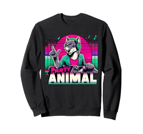 Fiesta Animal DJ EDM Música Lobo Fursona Peludo Fandom Retro Sudadera