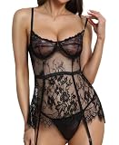 RSLOVE Damen sexy Dessous Set - Spitzen Body mit Bügel und Tanga Unterwäsche Set mit Strumpfhaltern Schwarz M