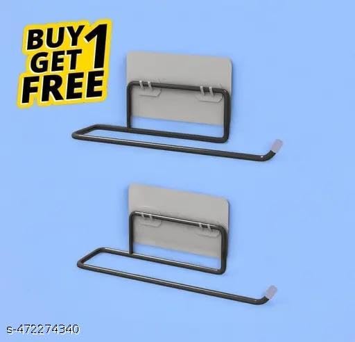 (Buy 1 GET 1) Self Adhesive No Drill Toilet Paper Holder/Tissue Paper Roll Holder/Hanger/Towel Bar Stand for Bathroom Accessories (Black, 2) Jy 33 1