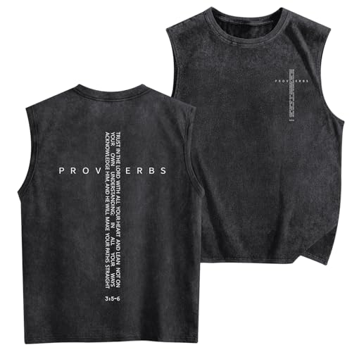Lubpow Christian Gym Workout Tank Tops for Men Vintage Bible Verse Cross Graphic Sleeveless Muscle Shirts Acid Wash Tanks Top(Black XL)