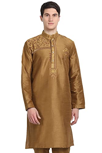 Image of Amazon Brand - Anarva Men Art Silk A-Line Kurta Embroidered Long Kurta