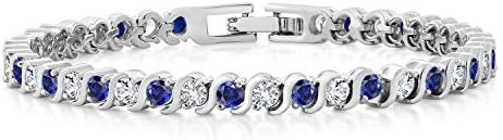 Gem Stone King Radiant Simulated Blue Sapphire and Sparkling White Cubic Zirconia Tennis Bracelet for Women - The Perfect Luxury Gift for Her on Weddings and Special Occasions - 7 Inch Length