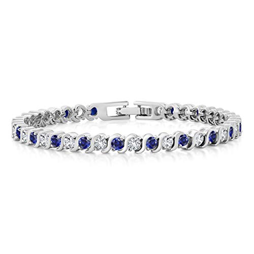 Gem Stone King 2 Piece Round White Cubic Zirconia and Simulated Blue Sapphire Set of 2 Tennis Bracelets for Women 4.50 Ct Each, 7 Inch Length3