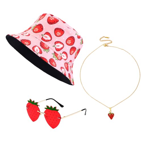 WanderGo 3 Stück Erdbeer Kostüm Set Erdbeer Fischerhut Anglerhut + Erdbeerbrille und Halskette mit Anhänger Apero Festival Fasching für Karneval...