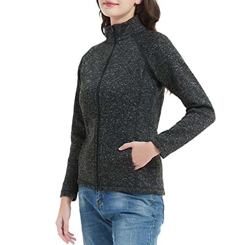 Slowtown Women's Sweater Fleece Jacket Zip-Up Sweater Lightweight Speckled Jacket With Pockets (Black, Large) #TOP1