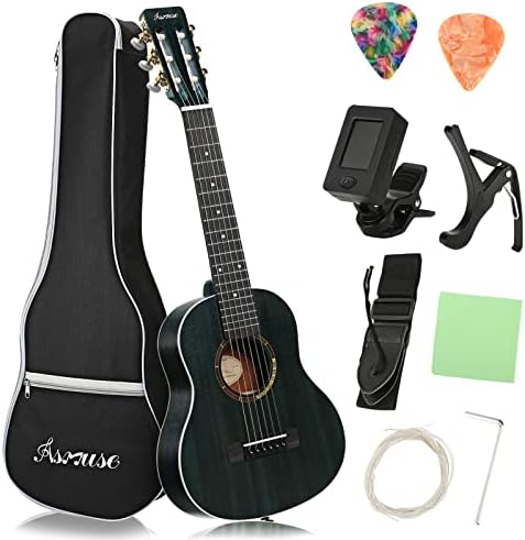 Asmuse 30" Classical Guitar, Soild Wood Beginner Acoustic Guitar Kit with Gig Bag, Extra Strings, Strap, Picks, Tuner (Blue)