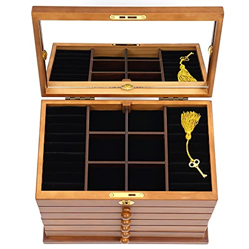 Eapmic Extra Large Four-Leaf Carved 6 Layers Wooden Jewelry Box Jewelry Case Cabinet Armoire Ring Necklacel Gift Storage Box Organizer (Brown Style 2) #TOP4