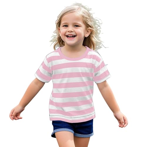 Boys Girls Striped Shirts Cotton Rainbow Shirt Toddler Kids Short Sleeve Crew Neck Summer Trendy (Pink, 12-18 Months)