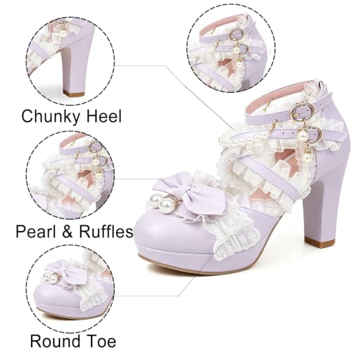 Image of FOREADA Lolita Shoes Platform Mary Jane Heels Kawaii Bow Lace Pearl Pumps