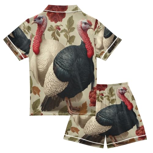 Satin Pajama Sets Short Sleeve Turkey Flowers Button Down Silky Nightwear 2 Piece PJS 5-14Y2