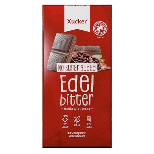 Xucker Edelbitter Schokolade mit Xylit - Vegane Edelbitter Schokolade ohne zugesetzten Zucker (75% Kakao) Vegane Schokoladentafeln mit Xylit gesüßt (80g)
