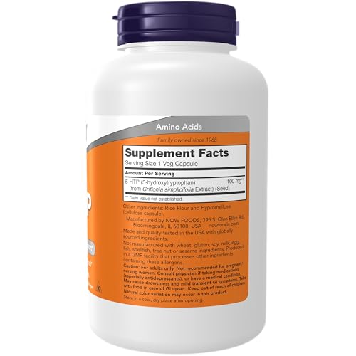 Image of NOW Foods Supplements, 5-HTP (5-hydroxytryptophan) 100 mg, Neurotransmitter Support*, 240 Veg Capsules