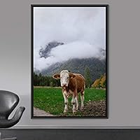 Framed Canvas Wall Art Cow Animals Expressive Farmhouse/Country Goat Living Room Multicolor Photography - 16x24 inches