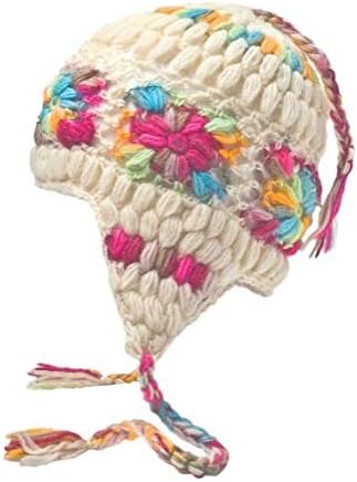 Sherpa Designs Hand Knit Unisex WOOL Beanie Hat Ear Flap Fleece Lined Nepal (White with Flowers)
