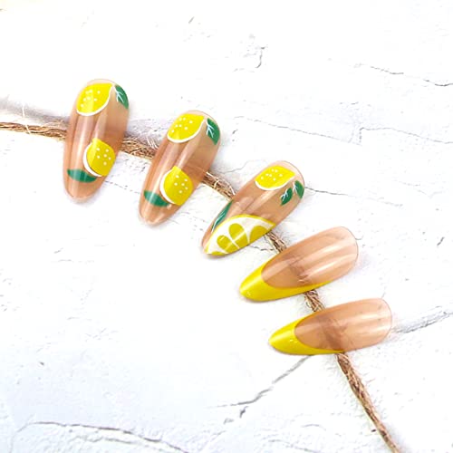 Lemon Press On Nail Summer Fake Nail French Tips Holiday Party Nail Decor Stick On Nail With Glue Yellow Lemon French Design Full Cover Manicure Salon False Nail For Women Girls Acrylic Nail #TOP3