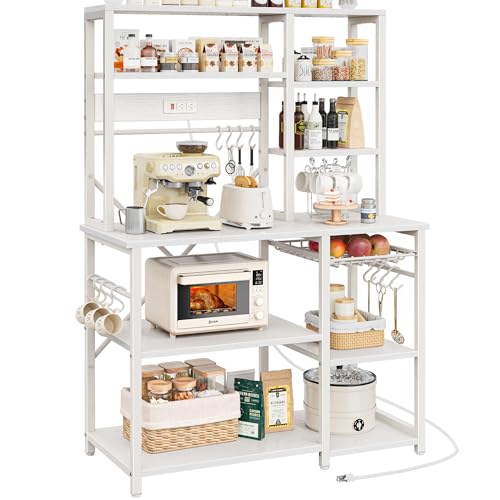 Image of SUPERJARE Large Bakers Rack with Power Outlets, 6-Tier Microwave Stand, Coffee Bar with 12 S-Shaped Hooks, Kitchen Shelf with Wire Basket, 39.4 x 14.6X 66.9 Inches, White