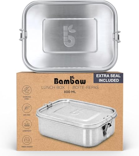 Bambaw Metal Lunchbox 800 ml | Lunch Containers with Dividers | Small Stainless Lunch Box for Kids | Leakproof Food Container | Eco Lunch Box | Metal Tin | Metal Box with Lid 800 ml | Sandwich Box