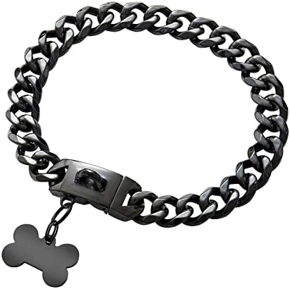 Black Metal Cuban Link Chain Dog Collar with Design Secure Buckle & ID Tag,Strong Stainless Steel Chain Doggy Walking Collar,Heavy Duty Chew Proof Training Collar for Large Dogs(19MM 22'')