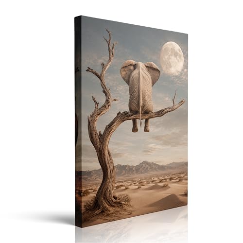 Elephant Canvas Wall Art Framed Surreal Desert Moon Home Decor 16x24 Inch