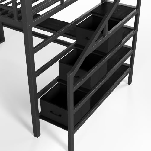 Image of Bellemave Full loft Bed with Movable Desk and Storage Stairs, Shelves, Metal Loft Beds with LED Lights, USB Ports, Multifunctional Iron Nets for Adults, Kids, Teens, Black