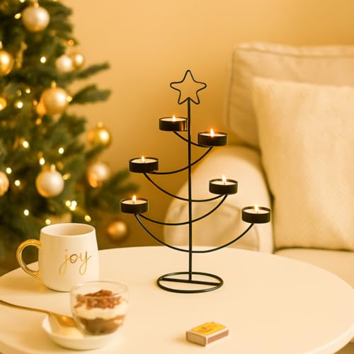 Image of MARKET 99 Star T-Lite Holder with 6 Wax T-Lites Included - Green Metal Xmas & Christmas Tree Star Design Glossy Candle Holder for Home, Living Room, Bedroom & Festival Decor