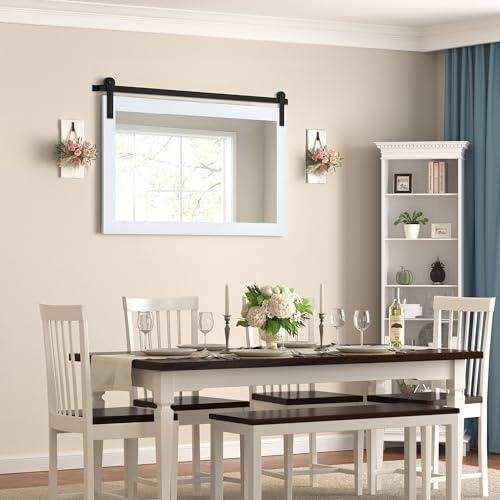 Image of COGOOD Farmhouse Barn Door Mirror - 41 inch x 26 inch Rustic Wood Framed Mirror for Bathroom, Living Room, Entryway Wall Decor (Pure White)