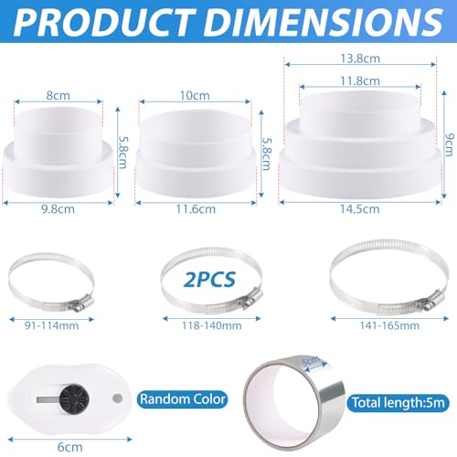 Universal Reduzierverbinder Ø80-150mm Reduzierstück Ø 80-100mm 100-120mm 120-140-150mm mit Edelstahl Schlauchschellen Alufolienband ABS Reduzierstück für Lüftungssystem Lüftung Rundrohr Ventilation