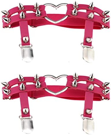 Women Girl Sexy Leather Heart Garters Punk Rock Rivet Stud Leg Ring 2pcs Rose Red