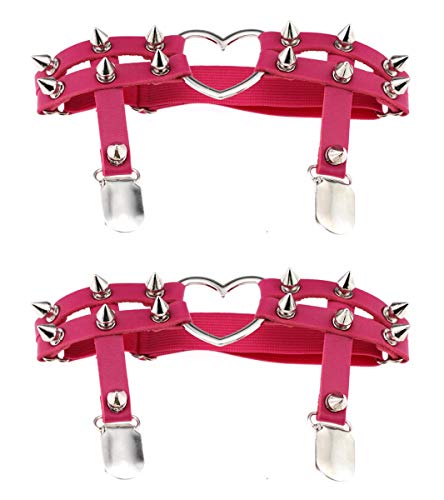 Women Girl Sexy Leather Heart Garters Punk Rock Rivet Stud Leg Ring 2Pcs Rose Red #TOP2