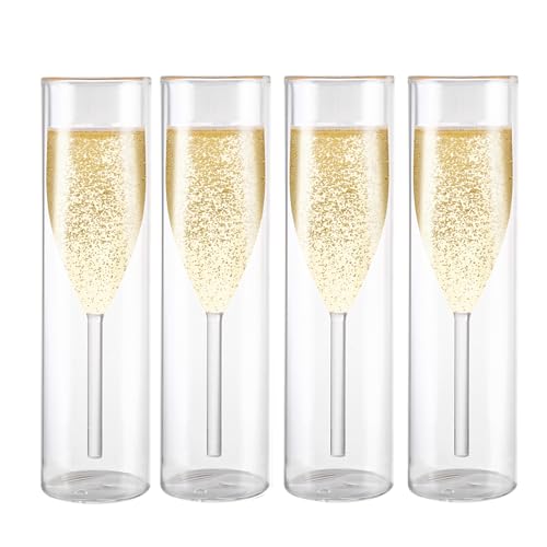 AHAQU 4PCS Double Walled Champagne Flutes, 100ml/3.5oz Stemless Prosecco Glasses, Tulip Goblet Clear Glass Cups, Crystal Champagne Glasses for Weddings, Christmas, Birthdays, Party, Home, Bar