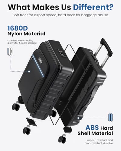 Lekebobor 18 Inch Carry On Luggage Airline Approved, Hybrid Soft Hard Shell Suitcase with Removable Spinner Wheels, TSA Lock, Front Pocket for Travel, Black3