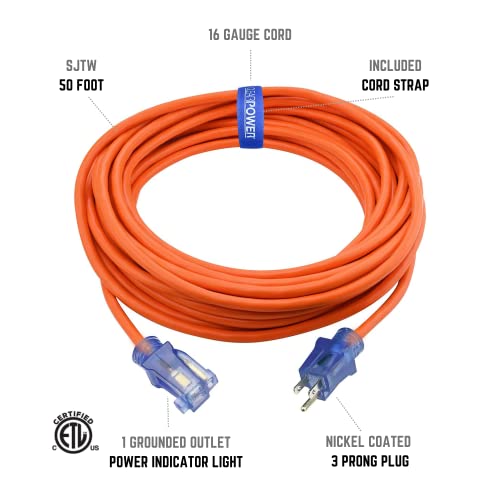 Clear Power 50 Ft Indoor/Outdoor Extension Cord, Orange, Power Indicator Light, Water & Weather Resistant, Flame Retardant, 3 Prong Grounded Plug, Cp11117 #TOP1