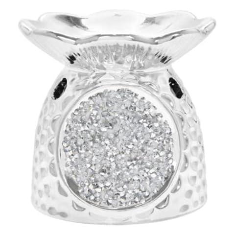 EagleWiz Crushed Crystal Sparkle Ceramic Diamante Oil Burner Wax Melter Beautiful Silver 8cm Cover