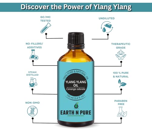Image of Earth N Pure Ylang Ylang Essential Oil | 100% Pure & Natural | Steam Distilled & Undiluted | For Relaxation, Skin & Hair Care | 100ml