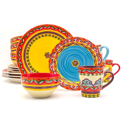 Euro Ceramica EC-GAL-1001 Galicia Collection Andalusian-Inspired 16 Piece Dinnerware Set, Vibrant Assorted Patterns, Multicolor